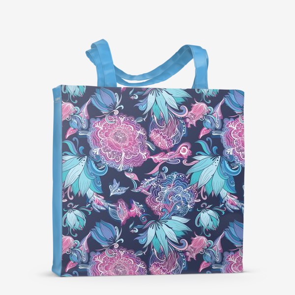 Сумка-шоппер «Волшебный сад с лилиями и пионами на синем фоне»