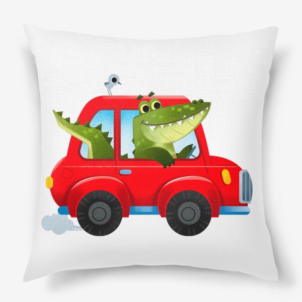 Подушка &laquo;Крокодил в красной смешной машине. Детский мультяшный принт&raquo;