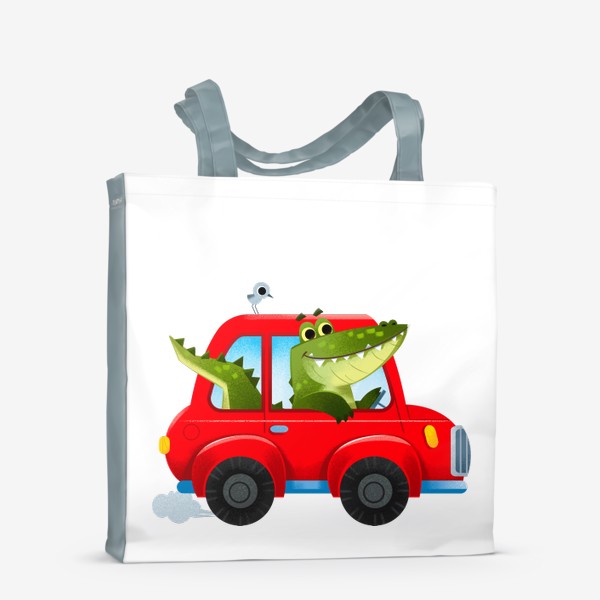 Сумка-шоппер &laquo;Крокодил в красной смешной машине. Детский мультяшный принт&raquo;