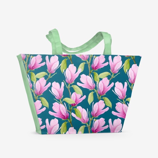 Пляжная сумка «цветущая магнолия на бирюзовом»