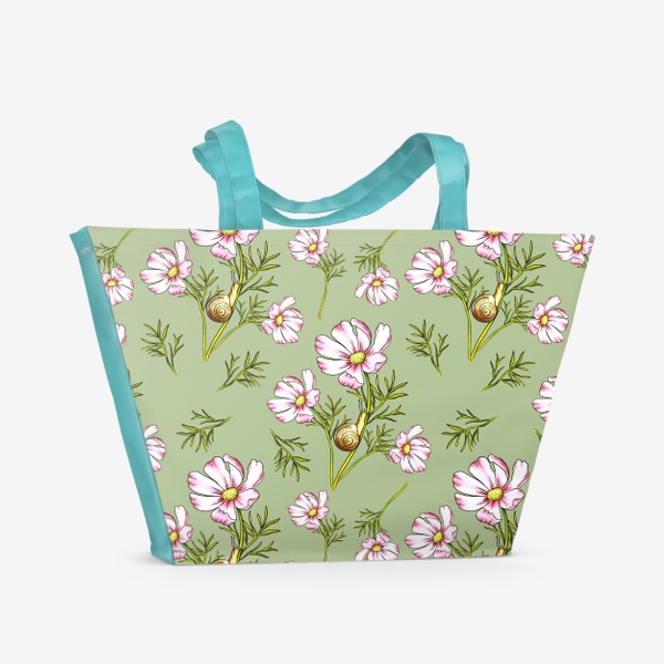 Пляжная сумка «Космея с улиткой на зеленом фоне»