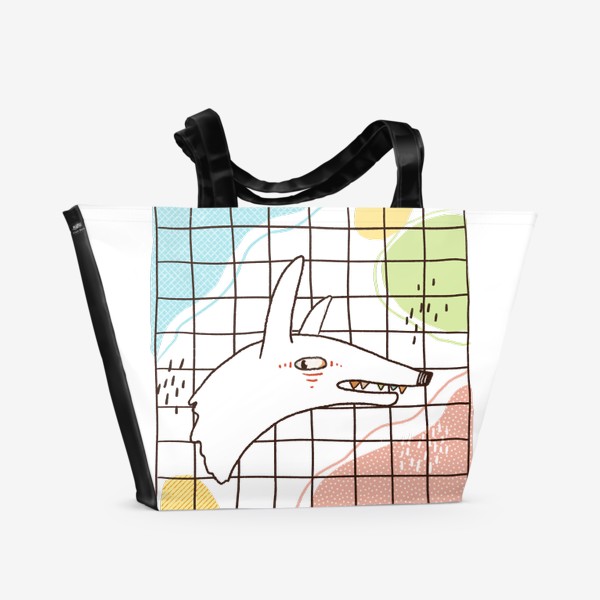 Пляжная сумка «Волк? Или непонятный зверь на клетчатом фоне с абстрактными фигурами.»