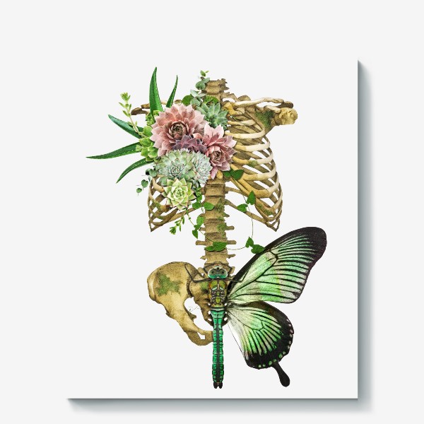 Холст «Цветочный скелет с бабочкой»