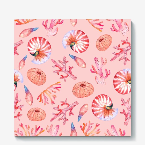 Холст «Ракушки и кораллы. Морская акварель на розовом. Наутилусы»