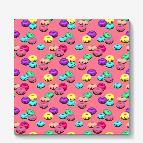 Холст «Паттерн разноцветные пончики на розовом фоне»