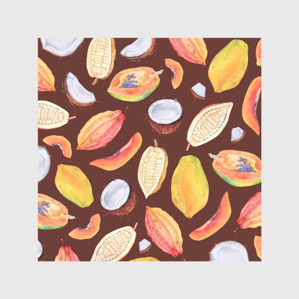 Скатерть &laquo;Тропические фрукты. Экзотика акварелью. Кокос, какао, папайя на коричневом&raquo;