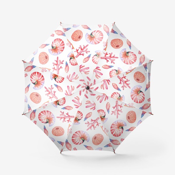Зонт «Ракушки и кораллы. Морская акварель на белом. Наутилусы»