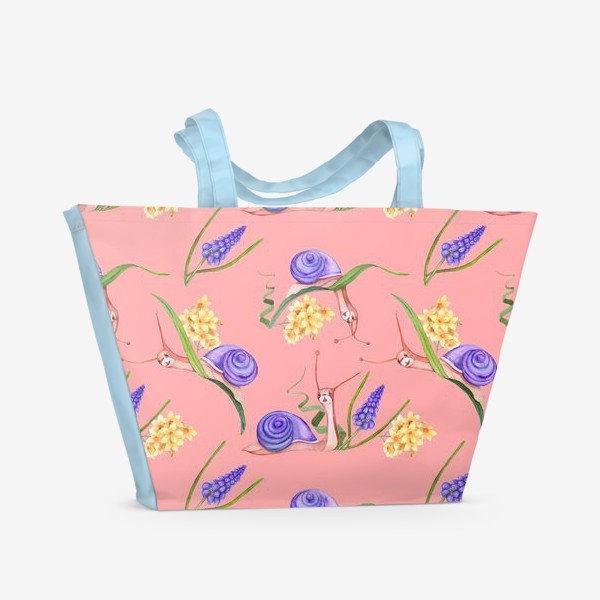 Пляжная сумка «Акварель Лето, улитки, цветы. Бесшовный рисунок. нежный фон»