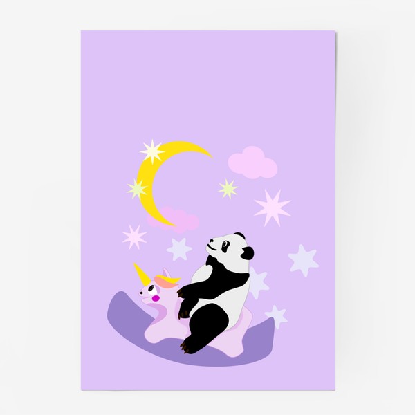 Постер «Панда на лошадке сиреневый фон»