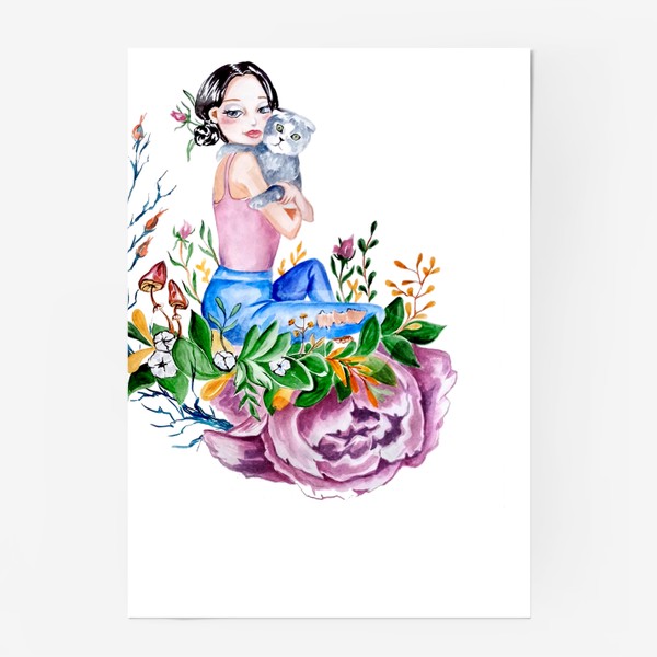 Постер «Девушка с котом котик, цветы »