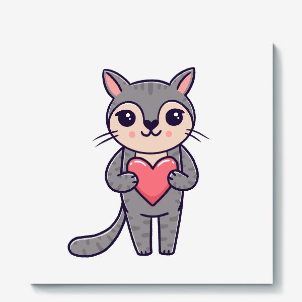 Холст «Милый серый котик с сердечком. Любовь»