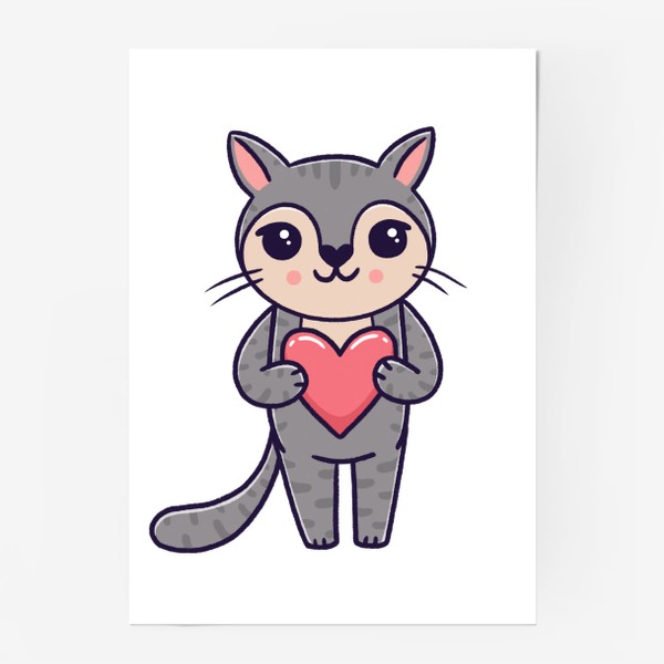 Постер «Милый серый котик с сердечком. Любовь»