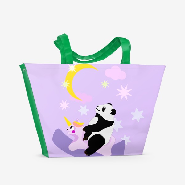 Пляжная сумка «Панда на лошадке сиреневый фон»