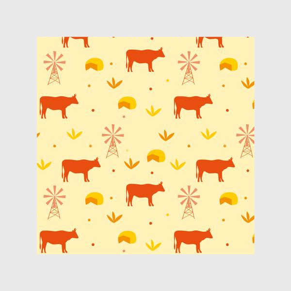 Шторы «Деревенский желтый узор. Корова на ферме. Сырный узор»