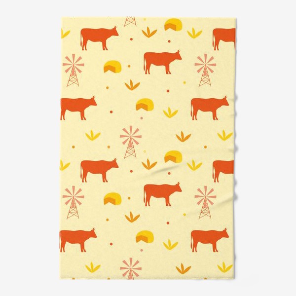 Полотенце «Деревенский желтый узор. Корова на ферме. Сырный узор»