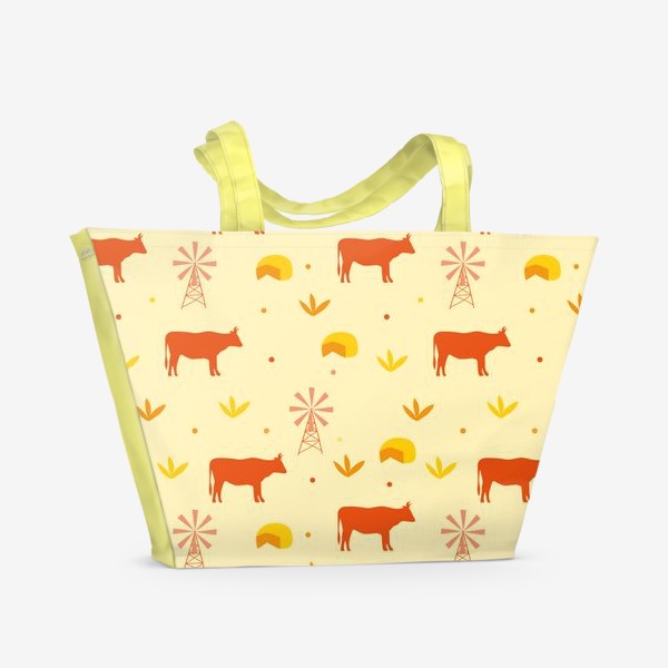 Пляжная сумка «Деревенский желтый узор. Корова на ферме. Сырный узор»