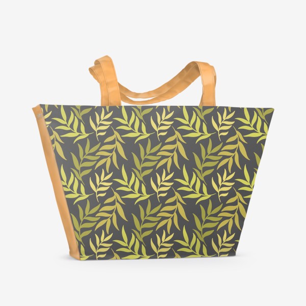 Пляжная сумка «Нежный ботанический паттерн с веточками на темно-сером фоне»