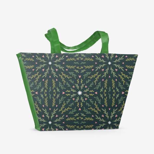Пляжная сумка «Ботанический паттерн с веточками и сердечками на темно-зеленом фоне»