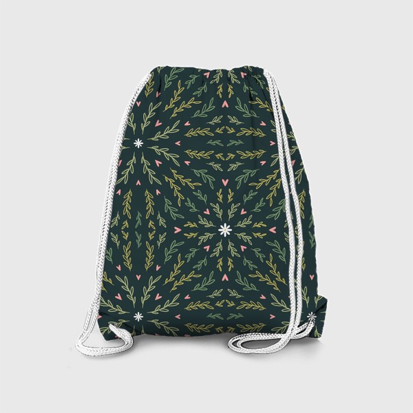 Рюкзак «Ботанический паттерн с веточками и сердечками на темно-зеленом фоне»