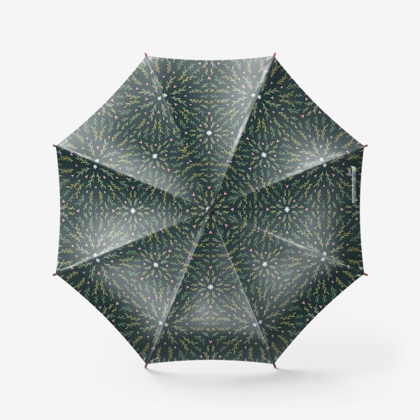 Зонт «Ботанический паттерн с веточками и сердечками на темно-зеленом фоне»