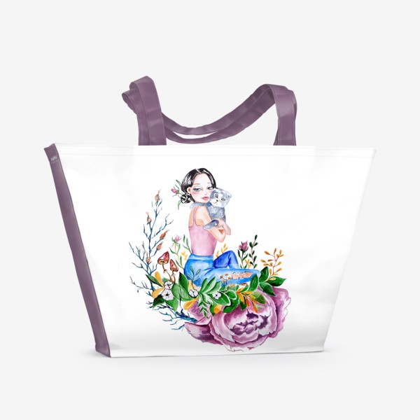 Пляжная сумка «Девушка с котом котик, цветы »