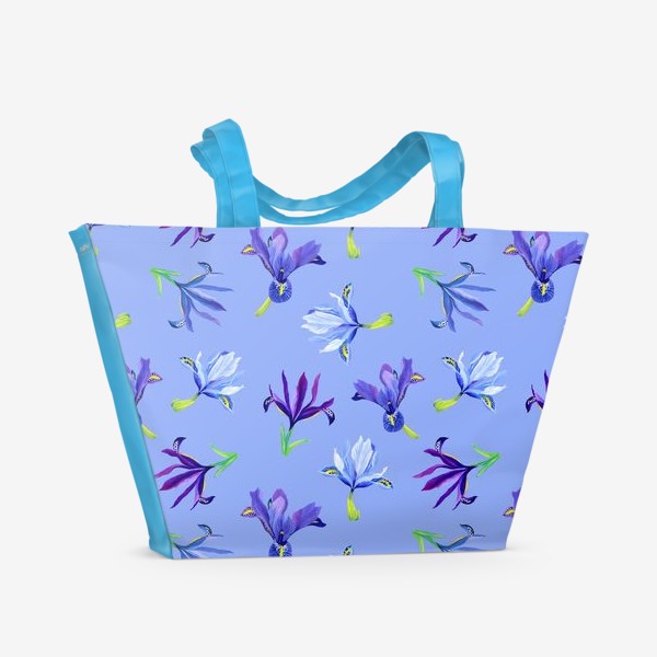 Пляжная сумка «Ирисы, паттерн на голубом фоне»
