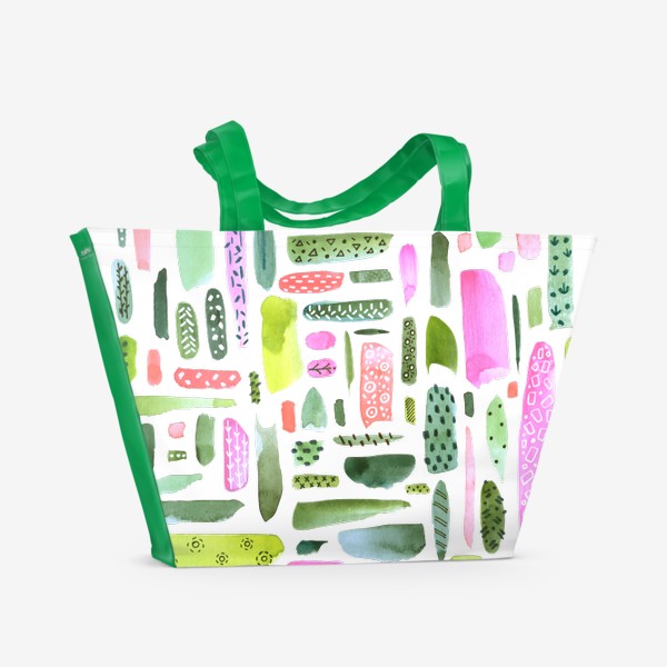 Пляжная сумка «Акварельный абстрактный принт. Зелено-розовая гамма»