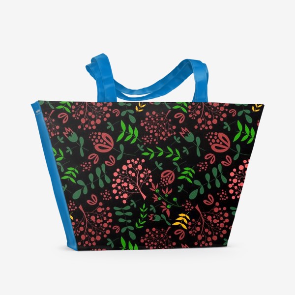 Пляжная сумка «Красные цветы на черном фоне»