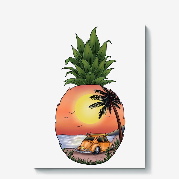 Холст «Закат на пляже (море, машина, пальма)»