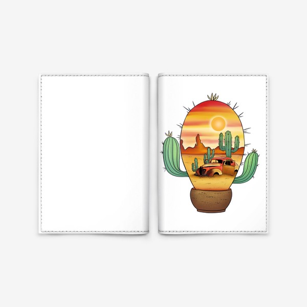 Обложка для паспорта «Пустыня (кактусы, машина)»