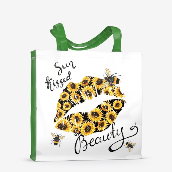 Сумка-шоппер «Поцелованная солнцем красавица. Губы с акварельными подсолнухами и пчёлами»