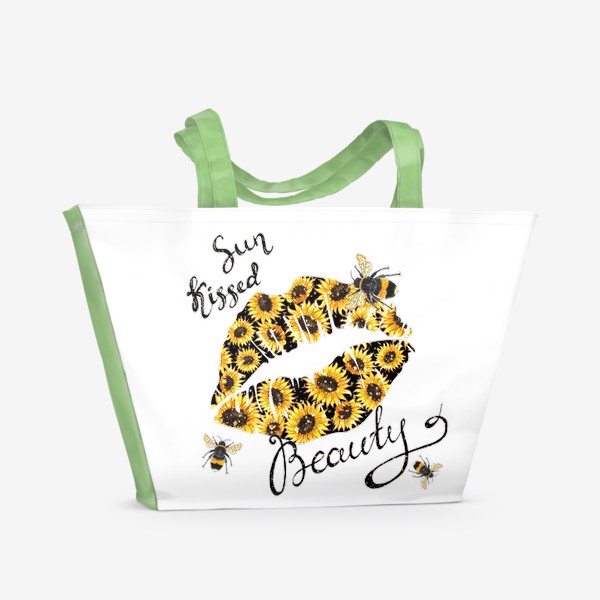 Пляжная сумка «Поцелованная солнцем красавица. Губы с акварельными подсолнухами и пчёлами»