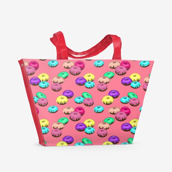 Пляжная сумка «Паттерн разноцветные пончики на розовом фоне»
