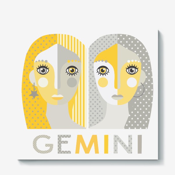Холст «Знак зодиака Близнецы. Gemini. Серо-желтая графика»