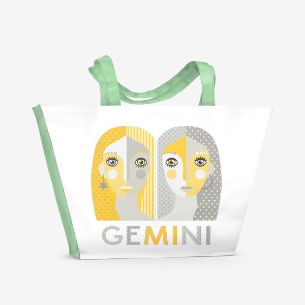 Пляжная сумка «Знак зодиака Близнецы. Gemini. Серо-желтая графика»