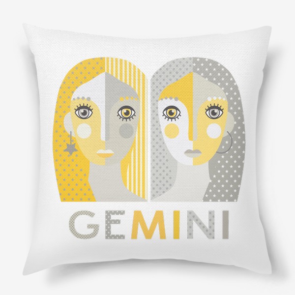 Подушка «Знак зодиака Близнецы. Gemini. Серо-желтая графика»
