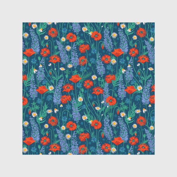Скатерть «Полевые цветы на темно-стнем фоне: маки, ромашки, васильки, иван-чай»