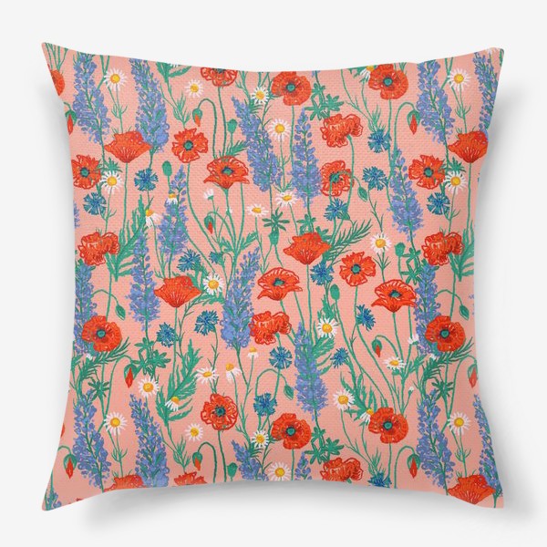 Подушка «Полевые цветы на розовом фоне: маки, ромашки, васильки, иван-чай»