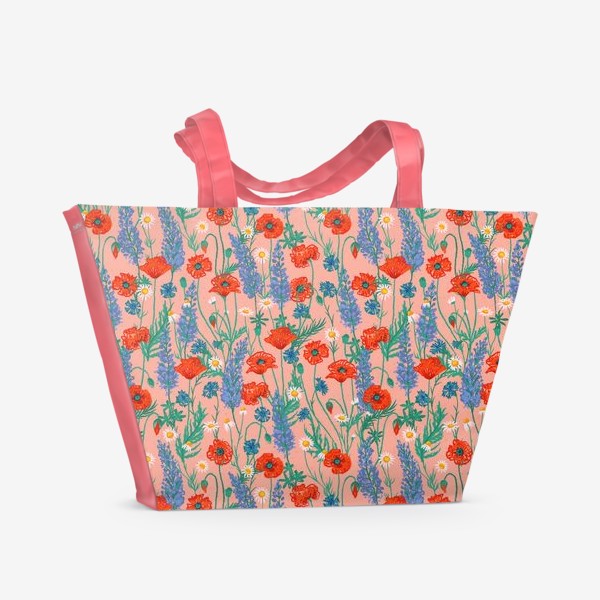Пляжная сумка «Полевые цветы на розовом фоне: маки, ромашки, васильки, иван-чай»