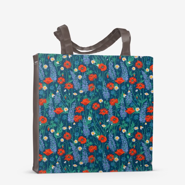 Сумка-шоппер «Полевые цветы на темно-стнем фоне: маки, ромашки, васильки, иван-чай»