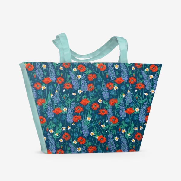 Пляжная сумка «Полевые цветы на темно-стнем фоне: маки, ромашки, васильки, иван-чай»