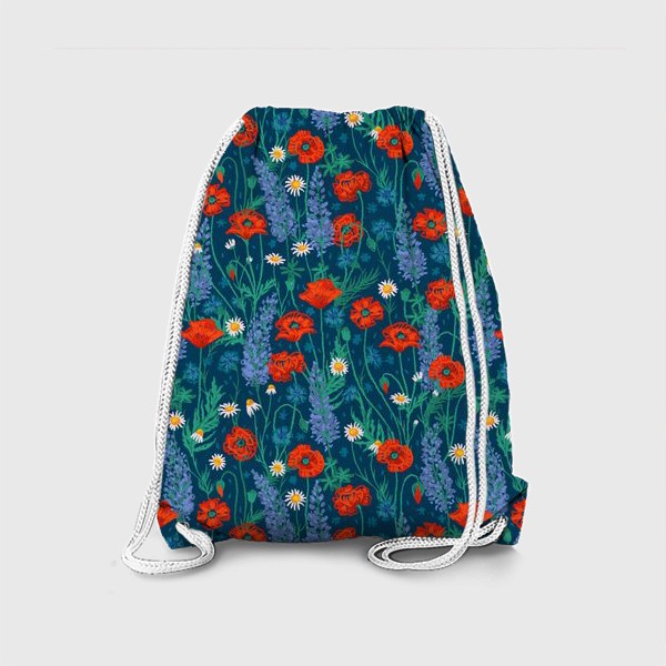 Рюкзак «Полевые цветы на темно-стнем фоне: маки, ромашки, васильки, иван-чай»