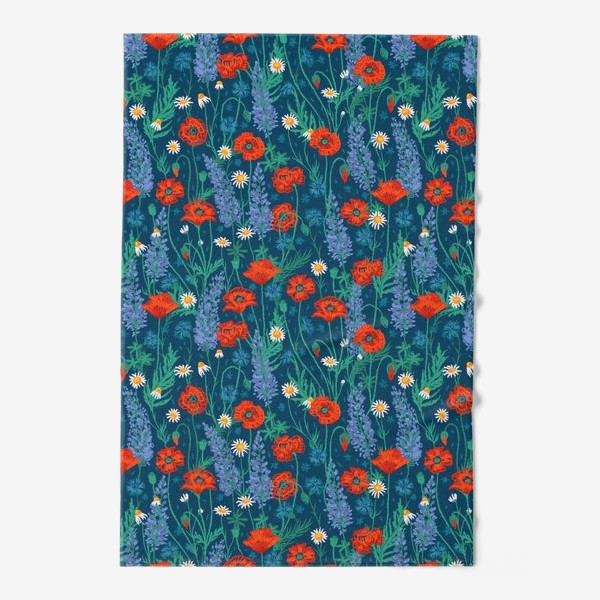 Полотенце «Полевые цветы на темно-стнем фоне: маки, ромашки, васильки, иван-чай»