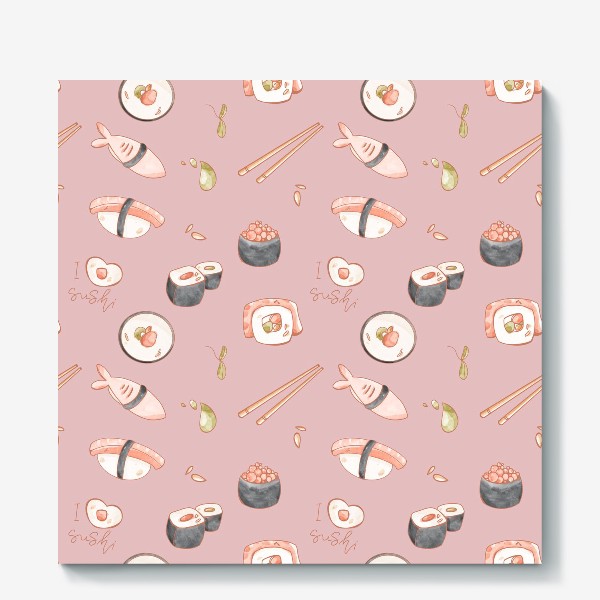 Холст «Милый паттерн с едой суши, роллы на розовом»
