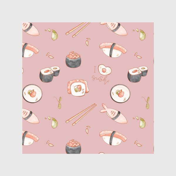Шторы «Милый паттерн с едой суши, роллы на розовом»