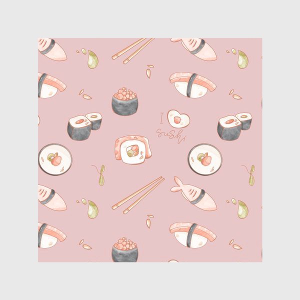 Скатерть «Милый паттерн с едой суши, роллы на розовом»