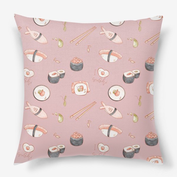 Подушка «Милый паттерн с едой суши, роллы на розовом»
