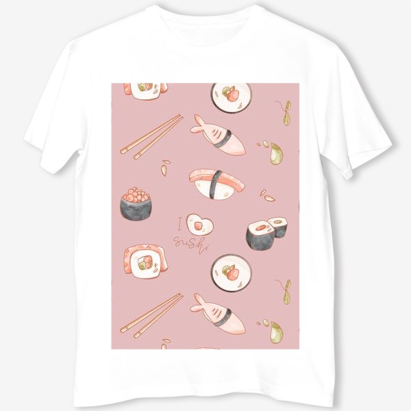 Футболка «Милый паттерн с едой суши, роллы на розовом»