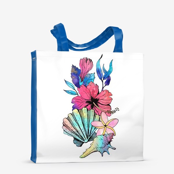 Сумка-шоппер «Летний принт на морскую тему. Ракушки и цветы»