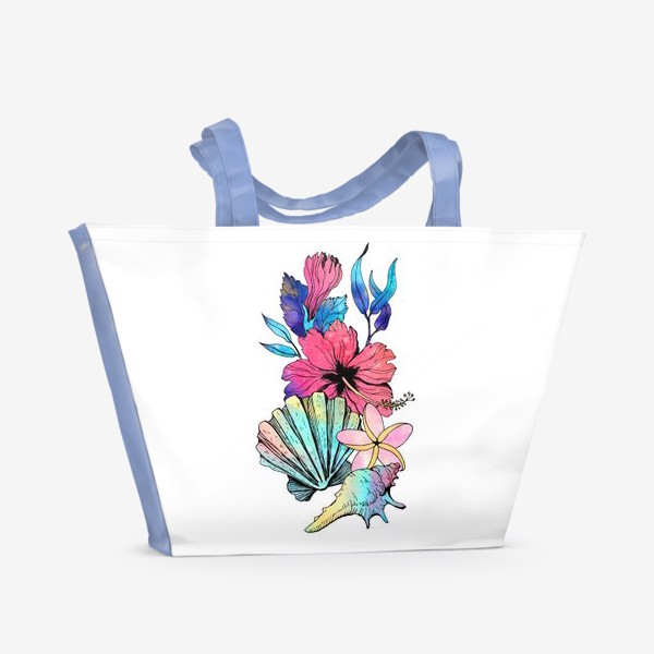 Пляжная сумка «Летний принт на морскую тему. Ракушки и цветы»